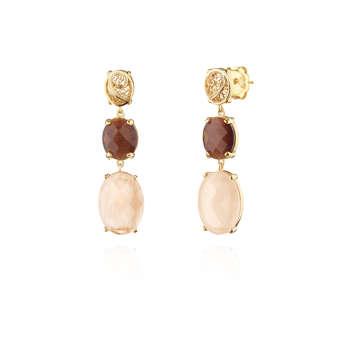 Pendientes con 2 piedras ovaladas de filigrana, oro